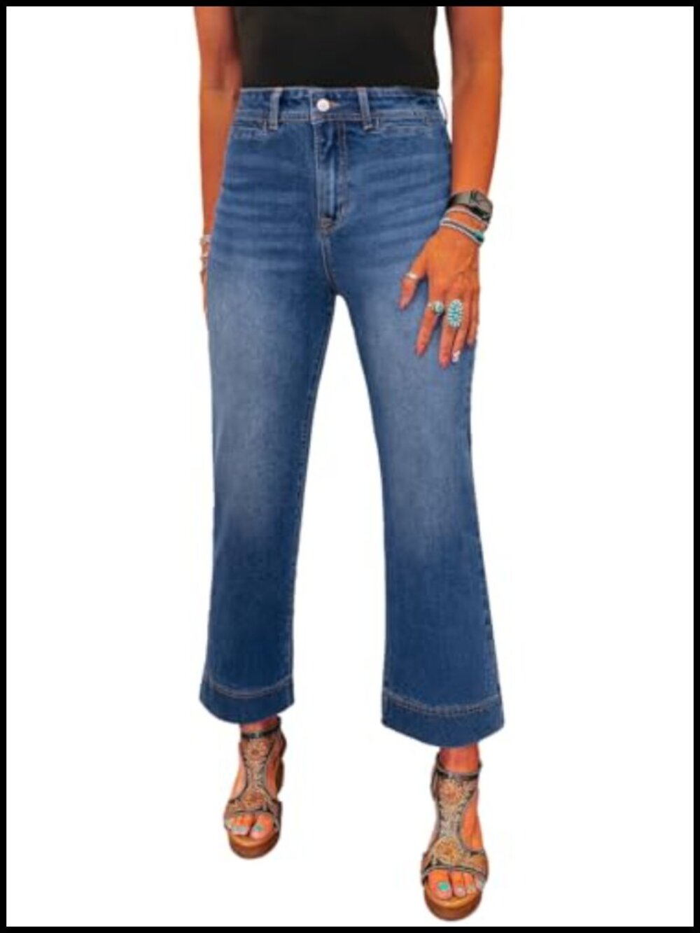 Wide Leg High Waisted Stretch Denim Jeans Straight Leg Pockets Casual